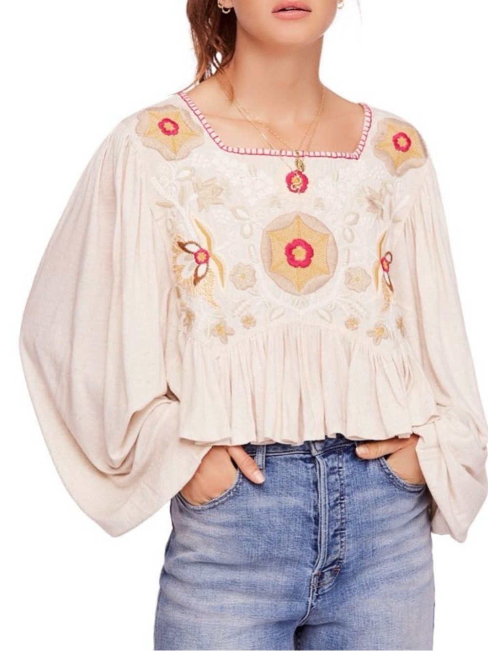Free People Claudine Embroidered Flowy Cropped Top